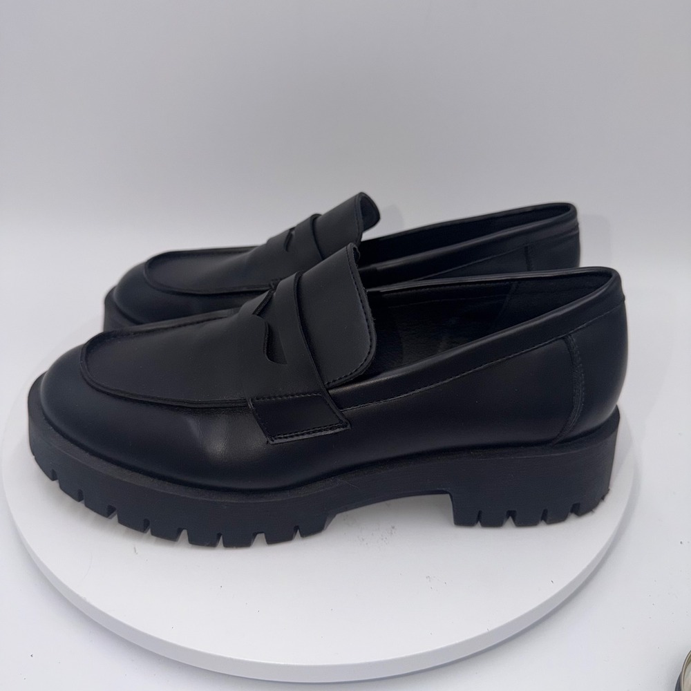 Steve Madden Course Black Leather Lug Sole Penny Loafers Dark Academia Women 8.5